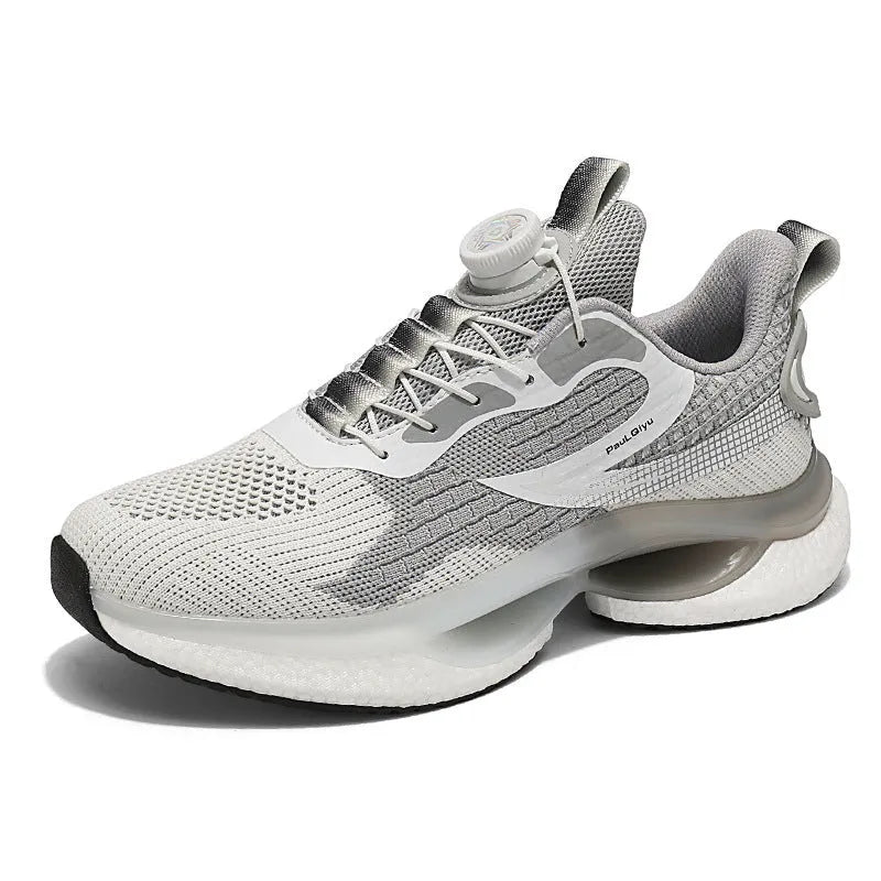 Men's low-top running shoes with rotating button buckle on beige Fly-kit mesh upper and TPU sole.