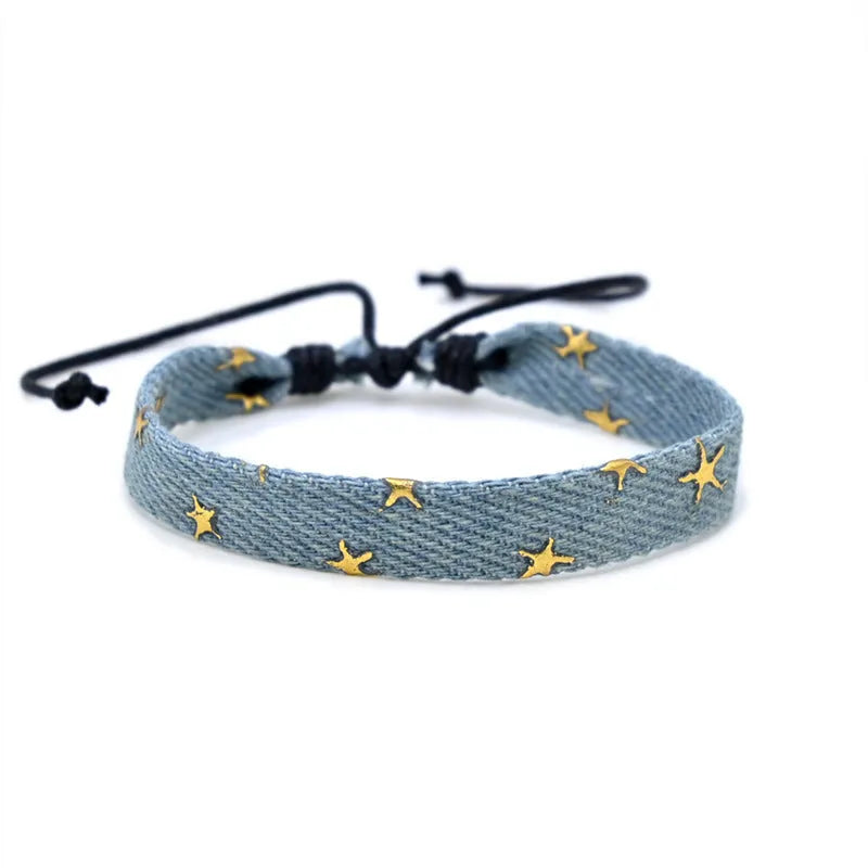 Handmade denim fabric bracelet strap for travel memories, shown in one of eleven colour variants