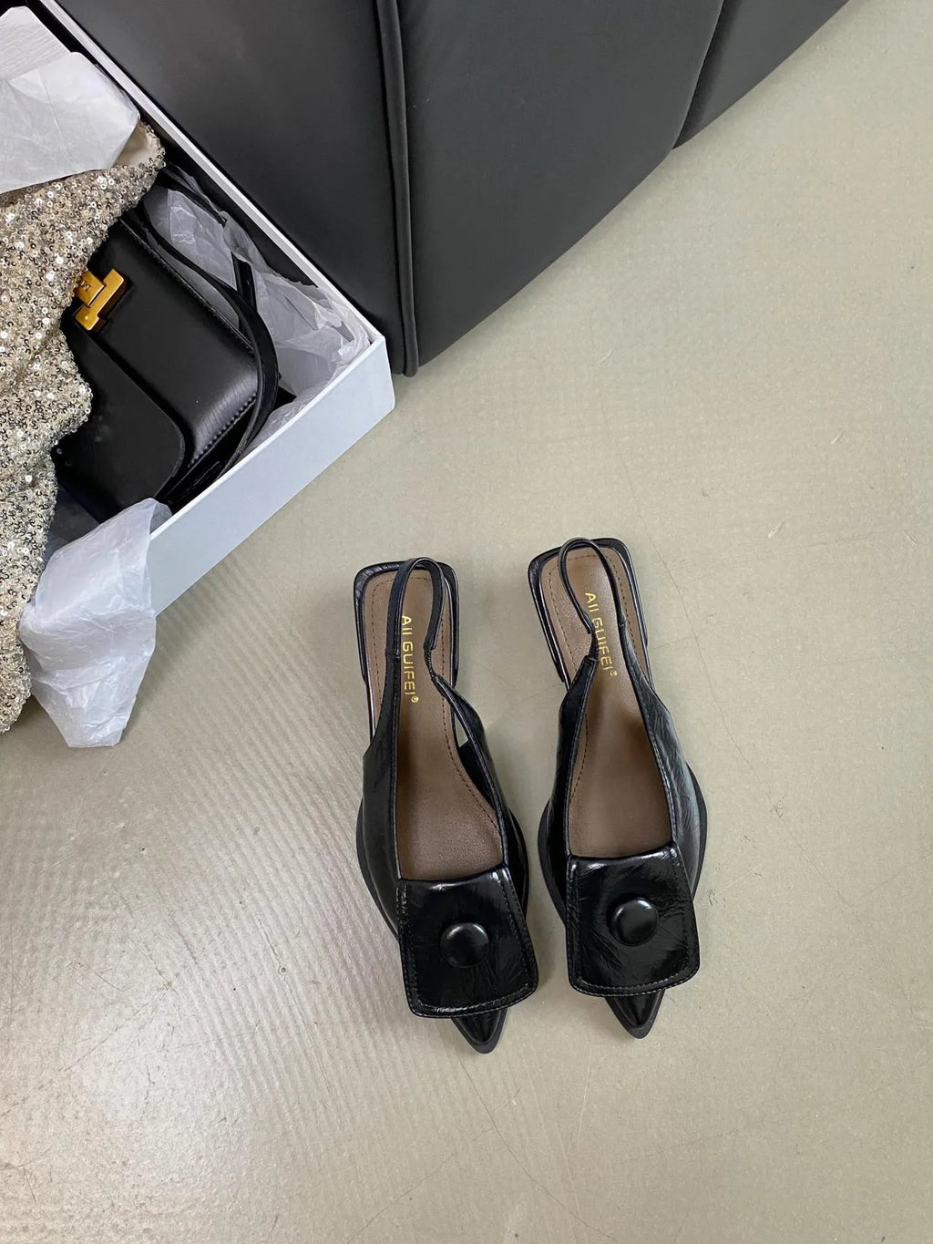 Women's low heel pointed toe sandals with back strap in apricot, black, brown, and silver colours.