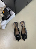 Women's low heel pointed toe sandals with back strap in apricot, black, brown, and silver colours.