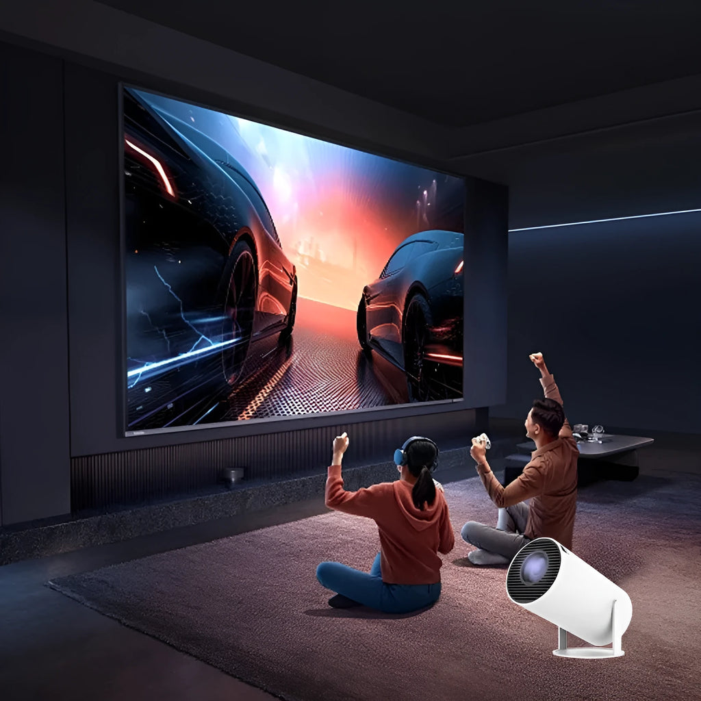White Barrel X10 PLUS portable smart HD projector with gamepad and remote control on a table.