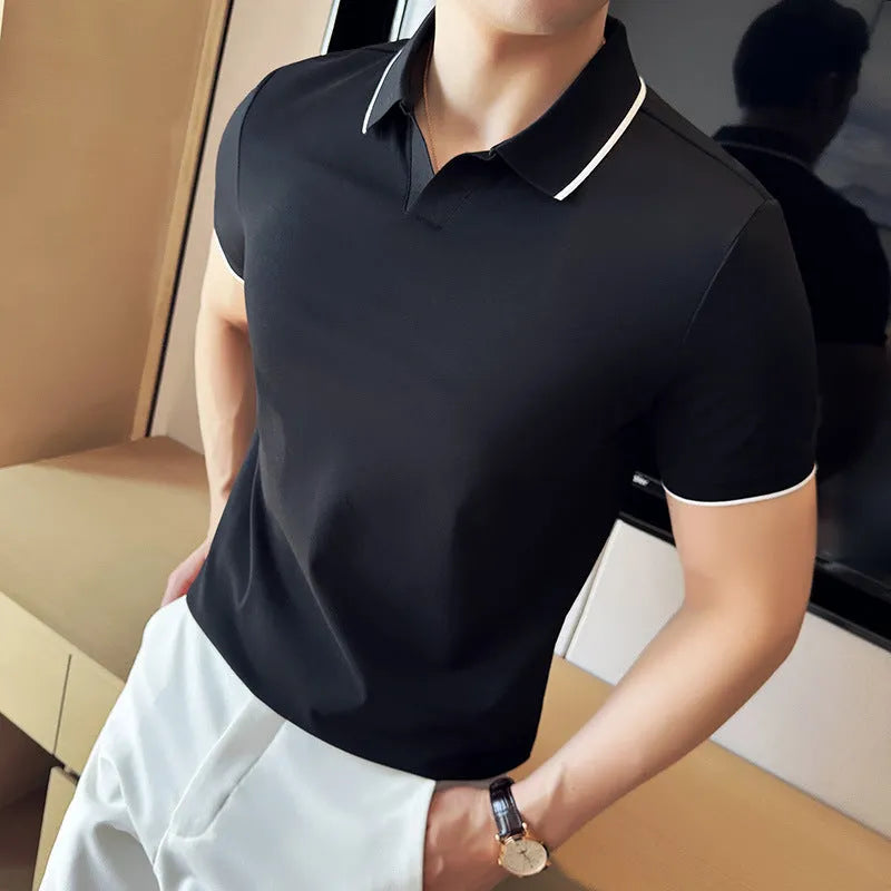 Men's short sleeve polo shirt with lapel collar in mercerised pearl cotton, shown in multiple colour options.
