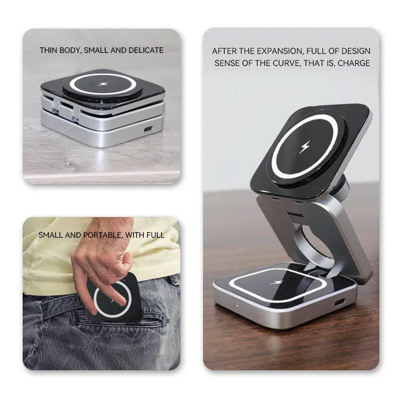 Foldable three-in-one desktop wireless charging stand for Apple iPhone and Samsung Galaxy phone.