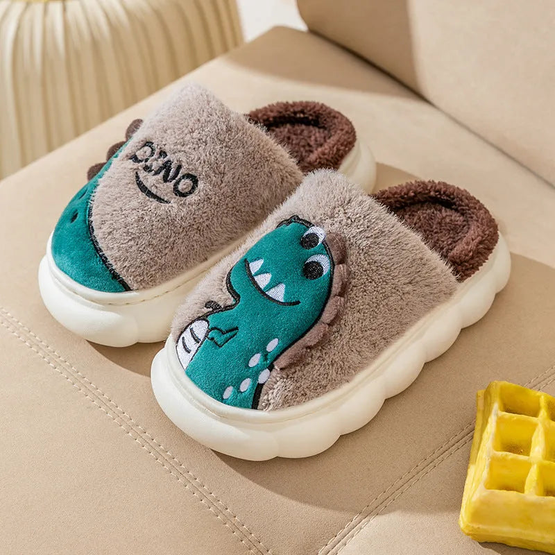 A pair of plush cotton dinosaur-themed couple slippers for indoor use.