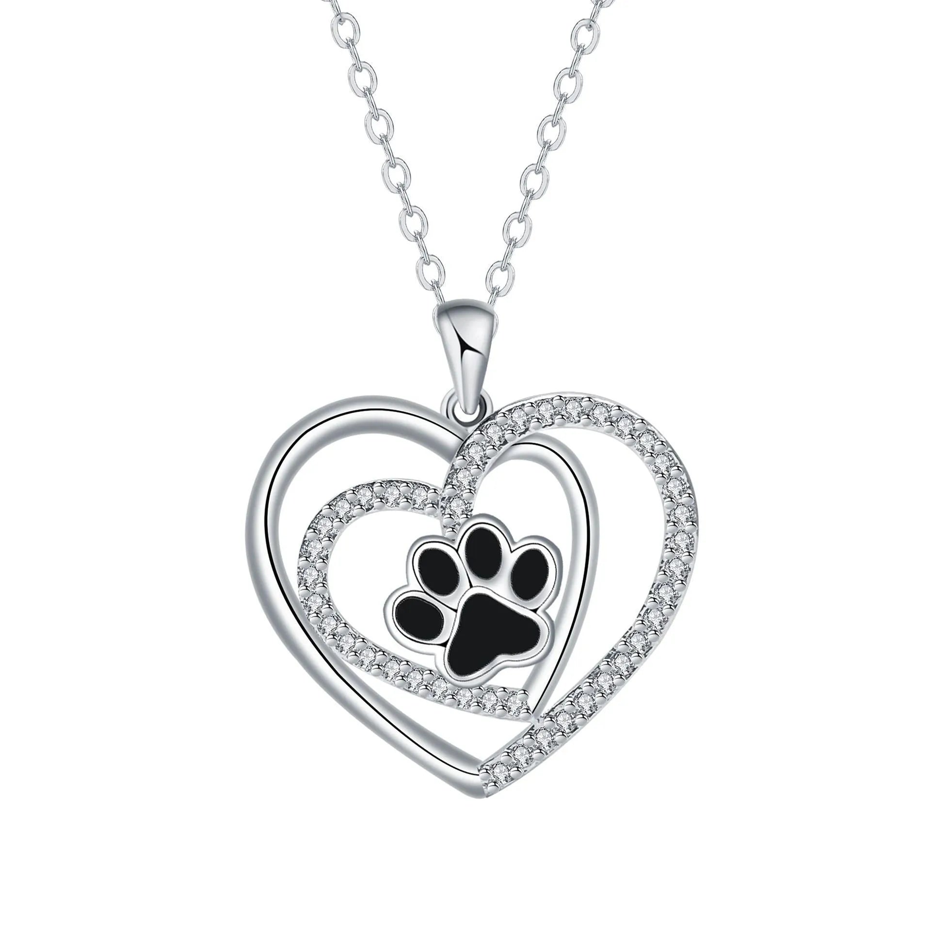 Women's copper necklace with dog's paw footprints and heart-shaped pendant on cross chain