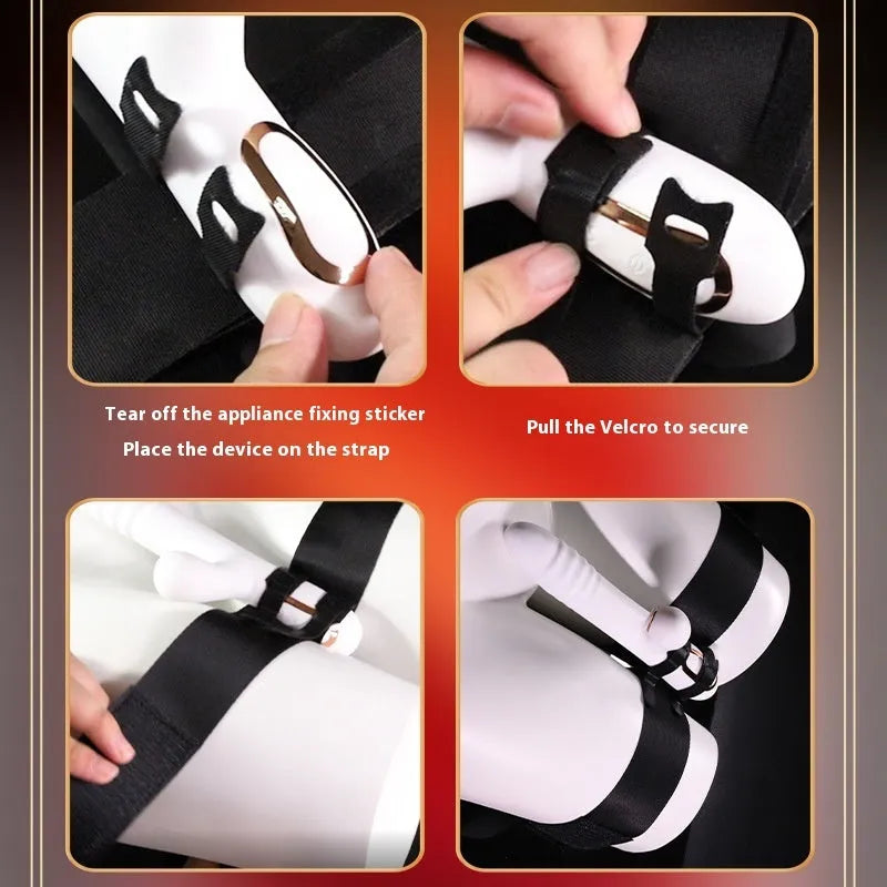 Black knitted intimate toy strap with adjustable fastening system for secure appliance attachment