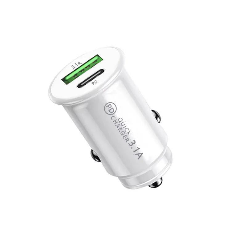 Dual port car charger converter in black or white bare metal with USB charging ports