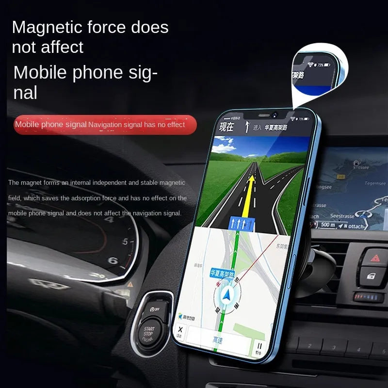 Black aluminium magnetic car phone holder clipped to car air vent