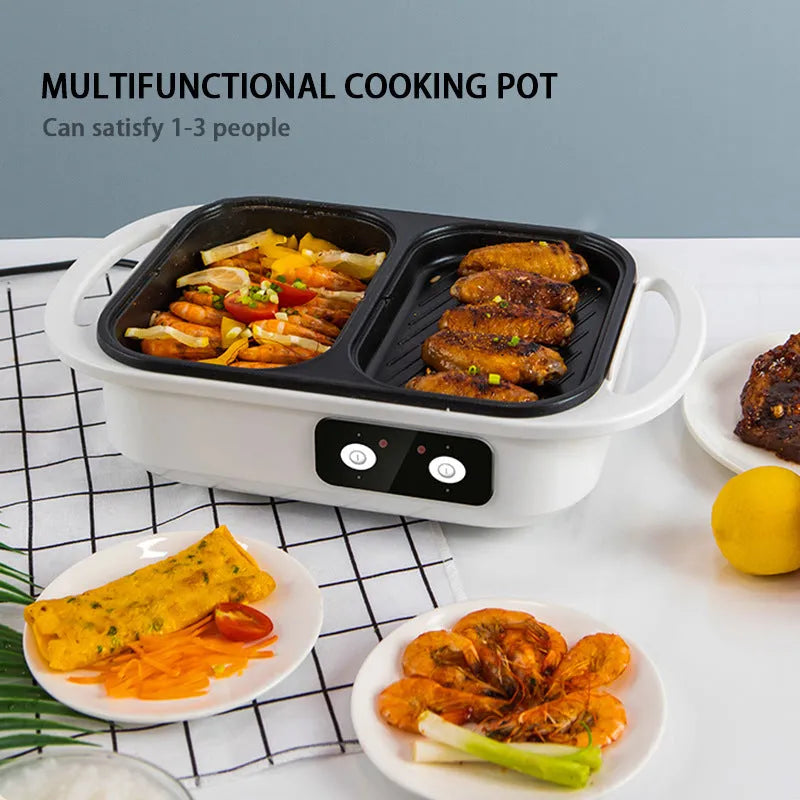 White or green dual-function electric cooking appliance serving as both hot pot and frying oven