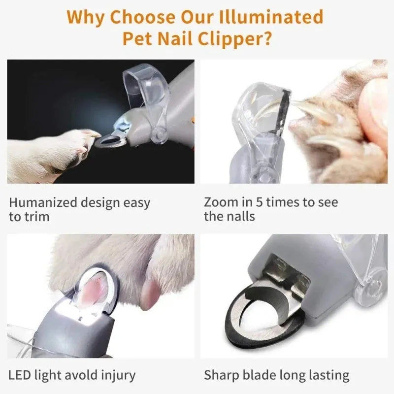 Yellow pet nail clipper with LED light, magnifying glass and safety guard for dog and cat grooming