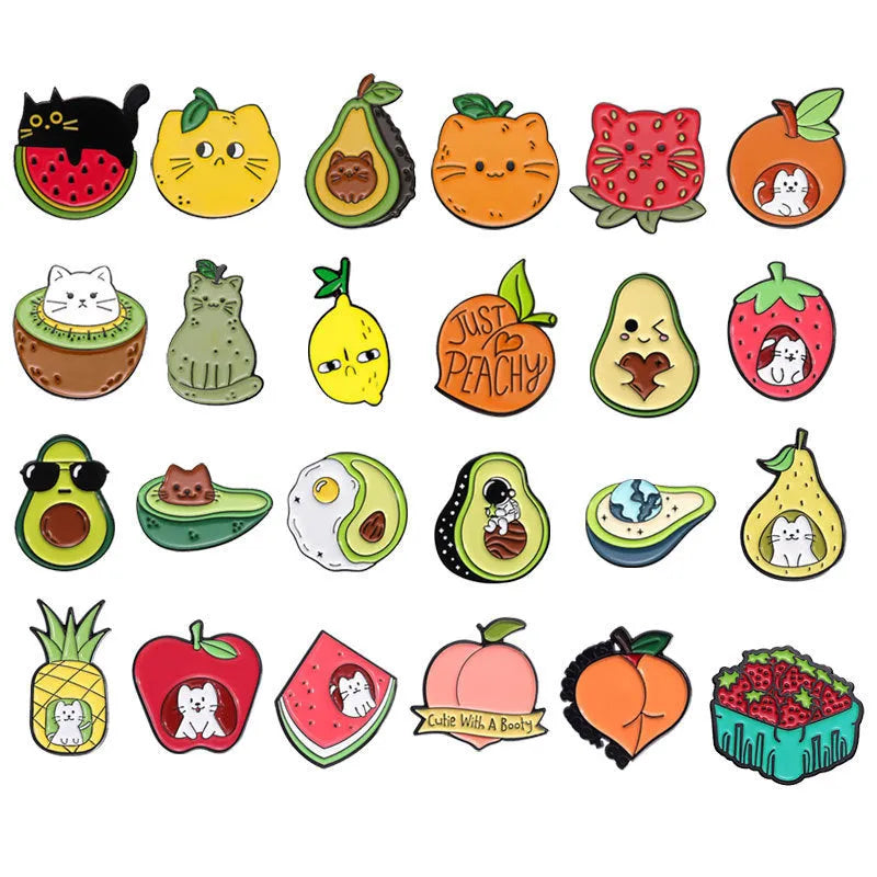 Colourful cartoon fruit design on a metal brooch pin with zinc alloy construction
