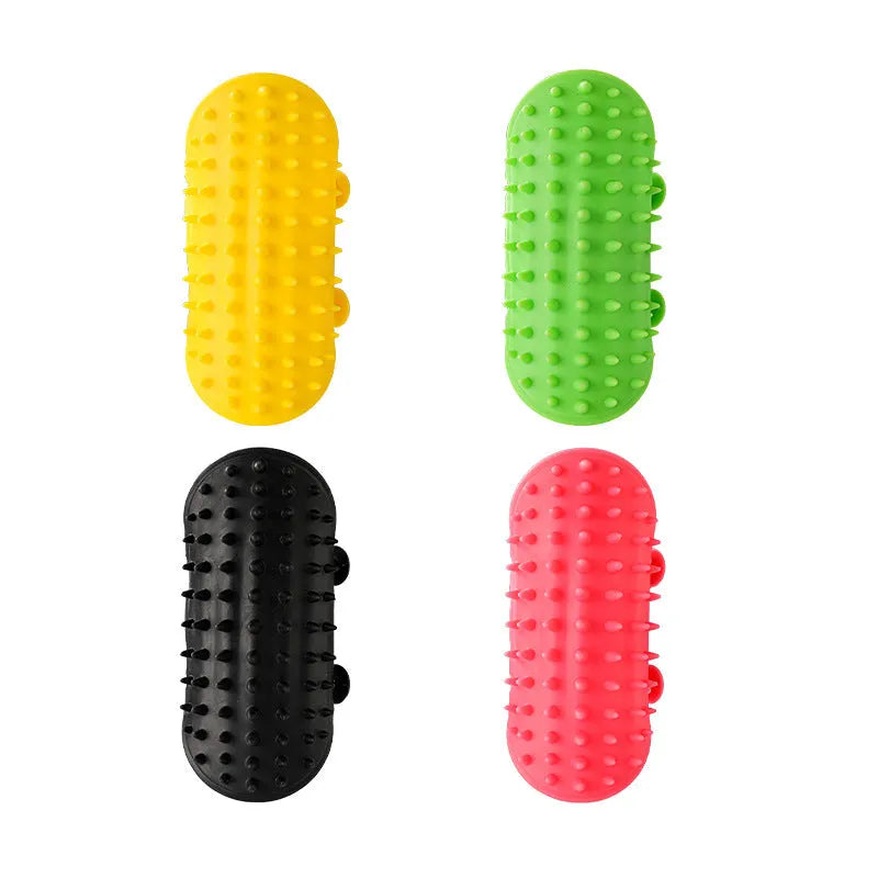 Silicone cat self-grooming brush with comb teeth and adjustable strap for table legs.