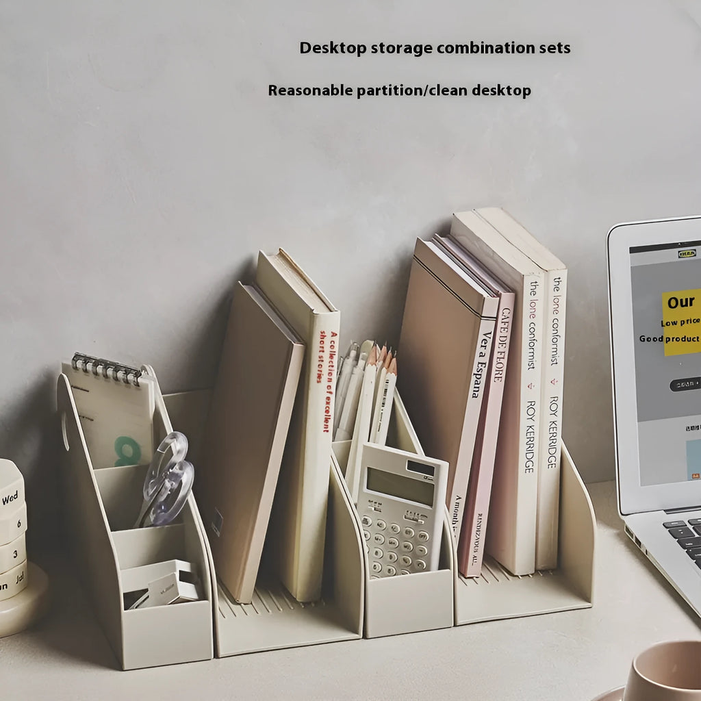 Desktop storage box with two grid layers in milk coffee colour, dimensions 14.5x17x22cm