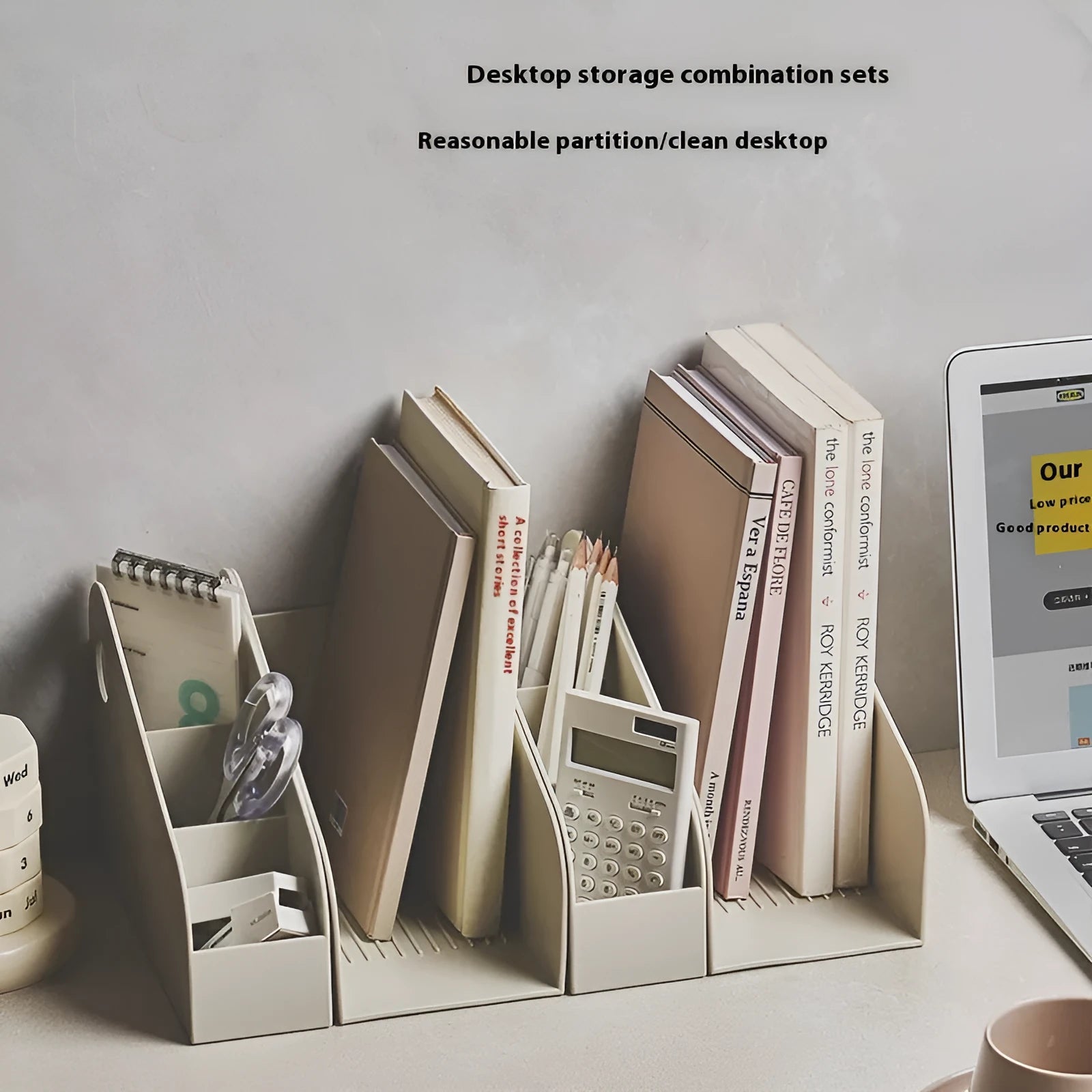 Desktop storage box with two grid layers in milk coffee colour, dimensions 14.5x17x22cm