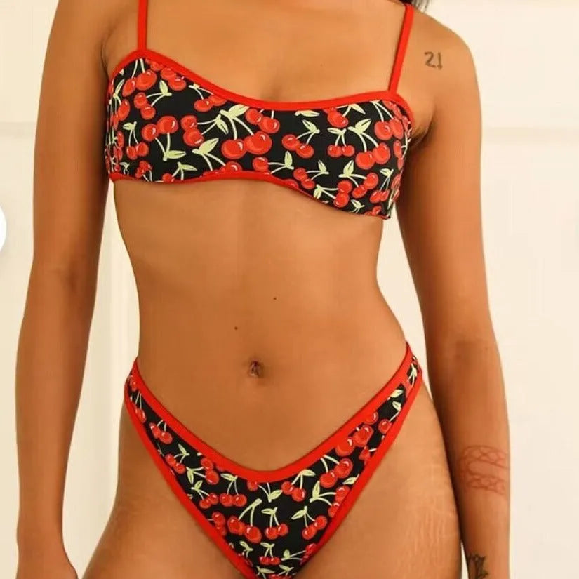 Women's cherry print tube top bikini swimsuit with briefs bottom in polyester fabric