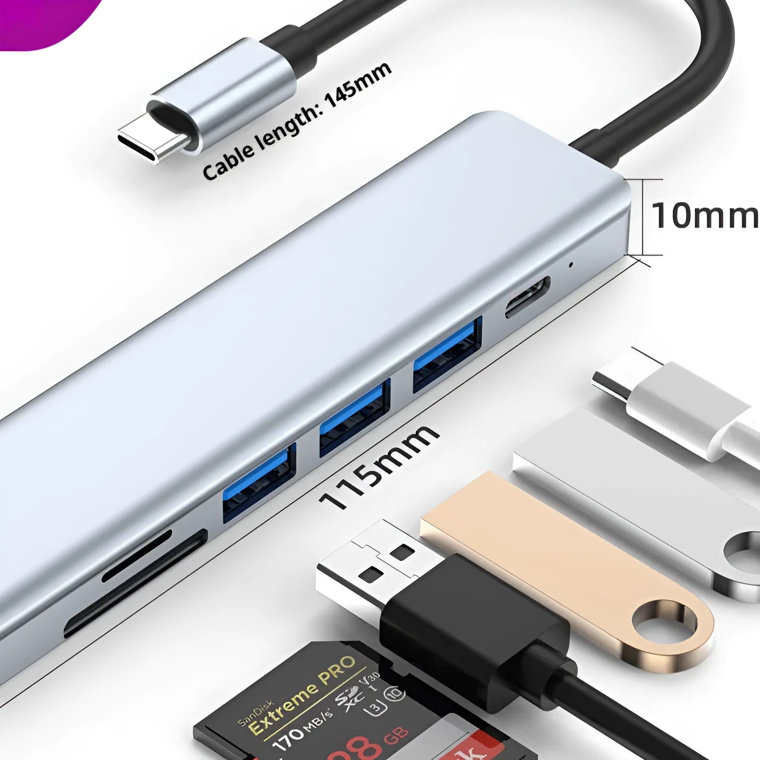 USB-C seven-port expander with 0.145m cable for laptop connectivity
