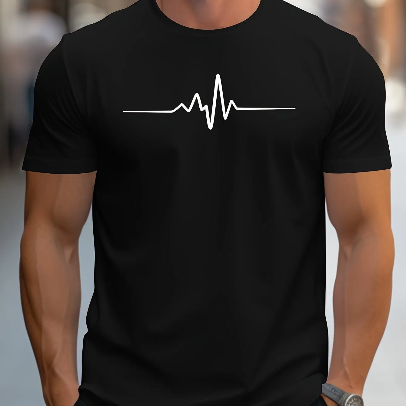 Men's loose fit short sleeve sports T-shirt on a hanger, showing thin polyester fabric.
