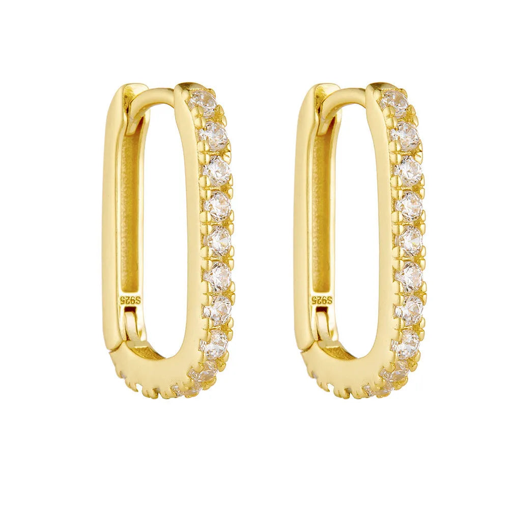 Sterling silver oval zircon ear clip earrings with geometric design in white or yellow colour