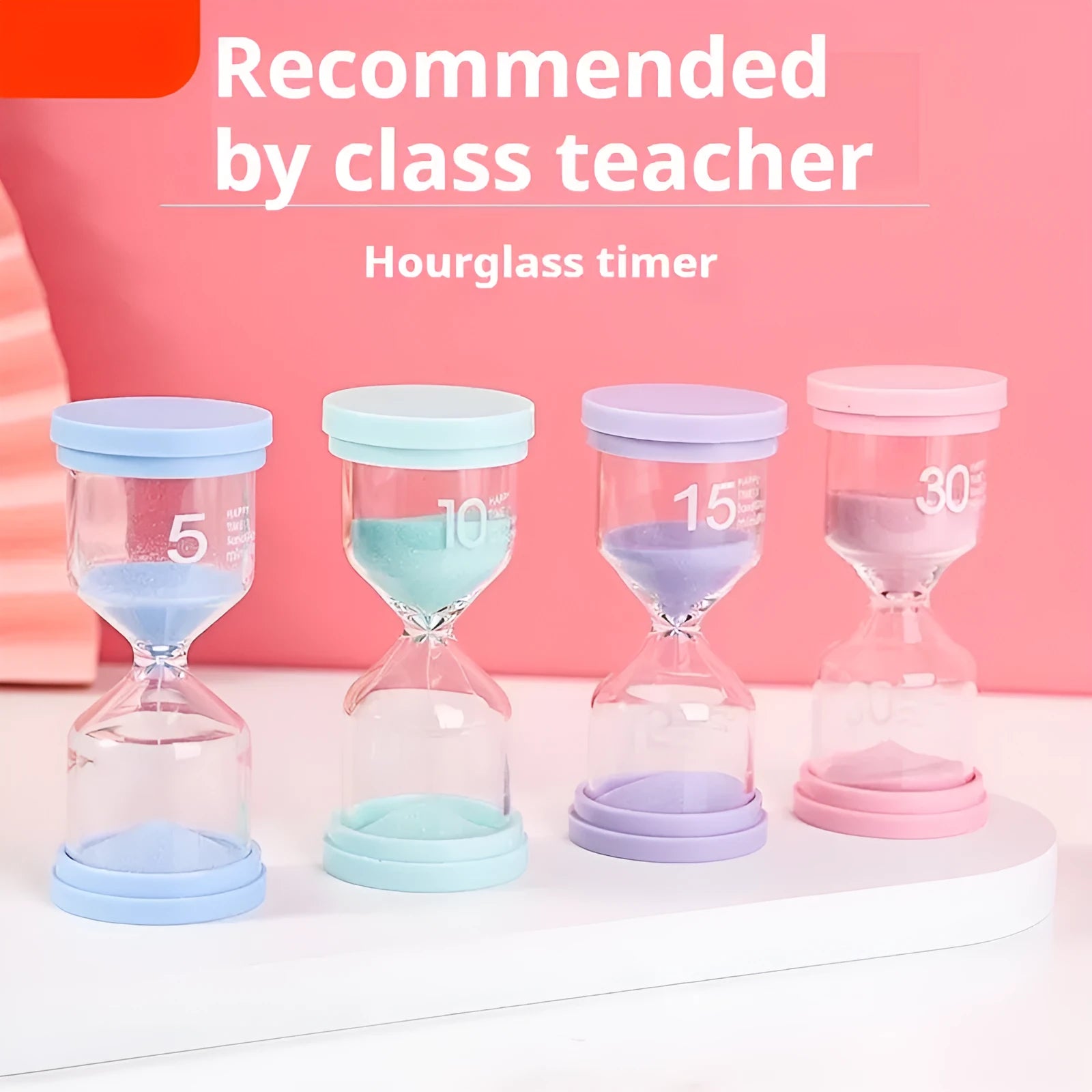 Handmade glass sand clock timer on a desk, showing purple sand, modern design.