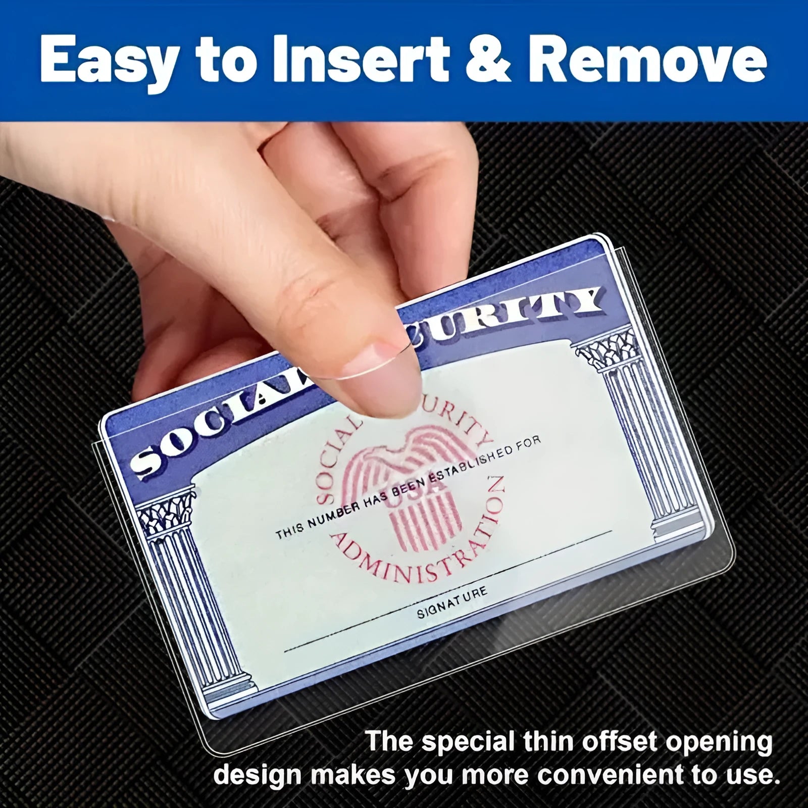 Transparent PVC social security card holder showing clear front and standard 9.7 by 5.9 cm dimensions.