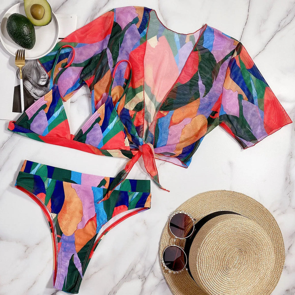 Red women's split swimsuit with briefs bikini style for swimming and casual surfing