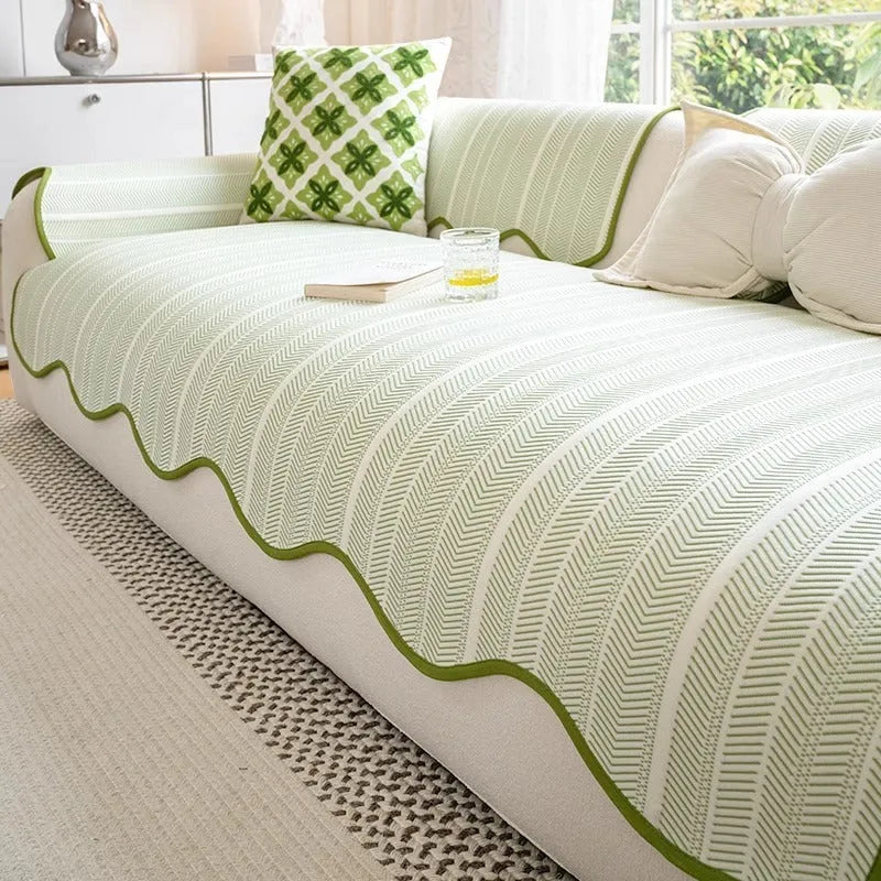 Special-shaped ice silk sofa cover with straight row mat construction and non-slip cushion in jelly green pattern