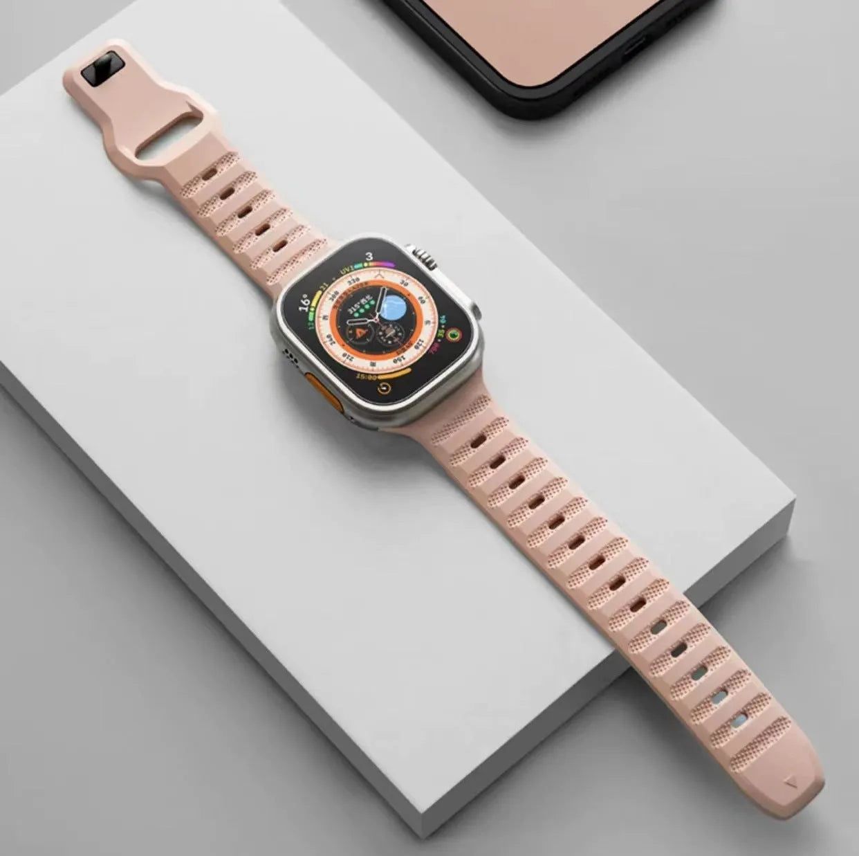 Fluoro rubber watch strap with T-buckle for Apple Watch Ultra and Series 1-8 models in multiple colours.