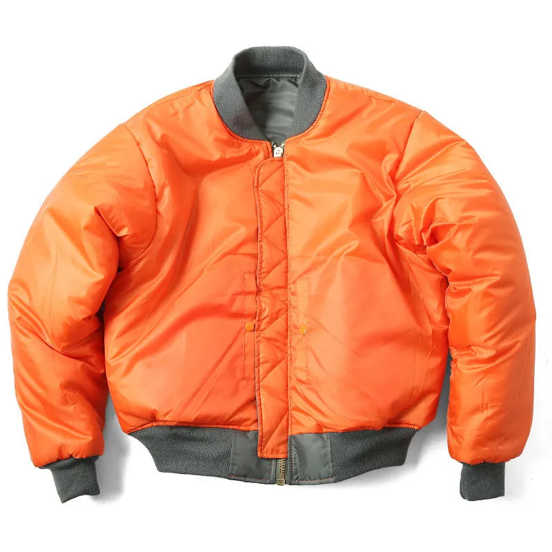 Men's loose fit pilot jacket in army green, showing cotton padding and double-sided nylon construction.