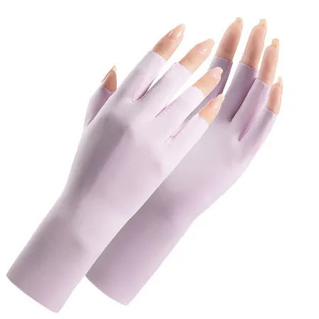 Thin beige women's sunscreen gloves with UPF50+ protection on a hand.