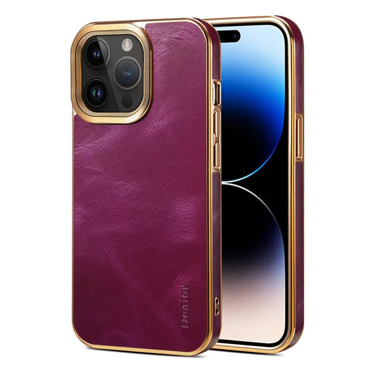 Handmade leather iPhone case in vintage oil wax leather showing slim profile and protective design