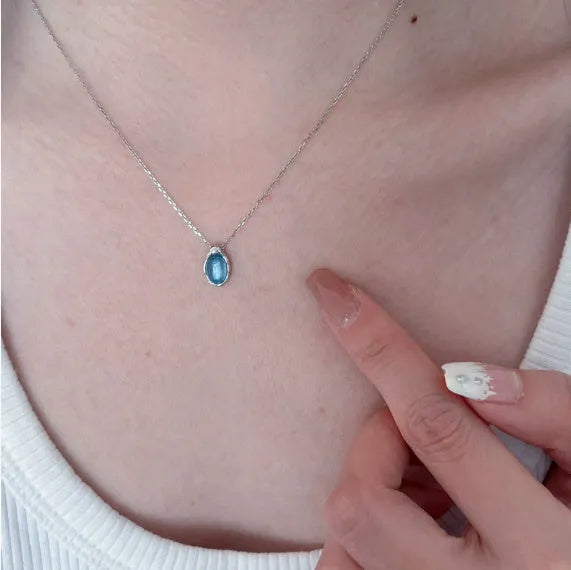 Navy blue water drop necklace pendant on adjustable cross chain, electroplated copper geometric jewellery