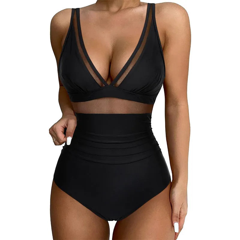 Black women's one-piece swimsuit with halter neck and mesh detail