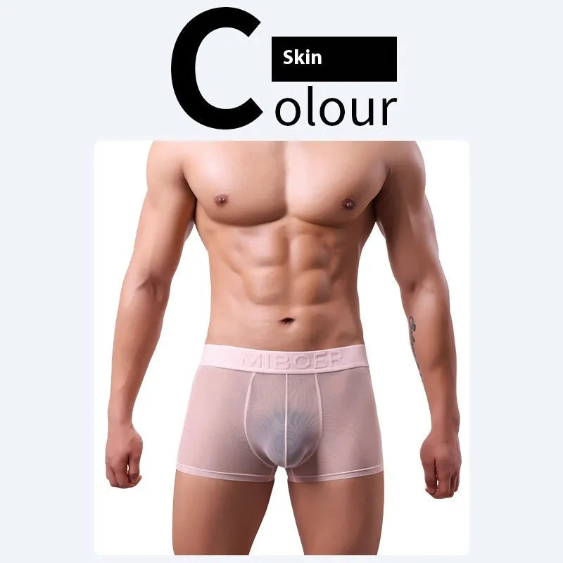 Men's thin invisible breathable boxer shorts in solid colours including black, white, and blue.