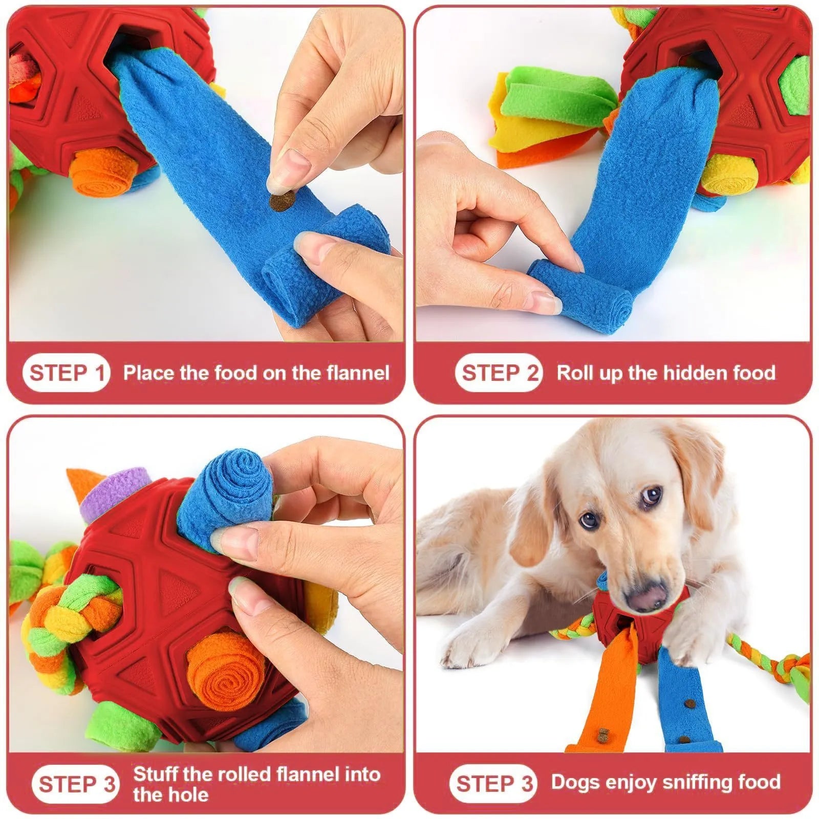 Bite-resistant pet sniffing ball dog puzzle toy for IQ training, shown in assorted colours including blue and redgreen.