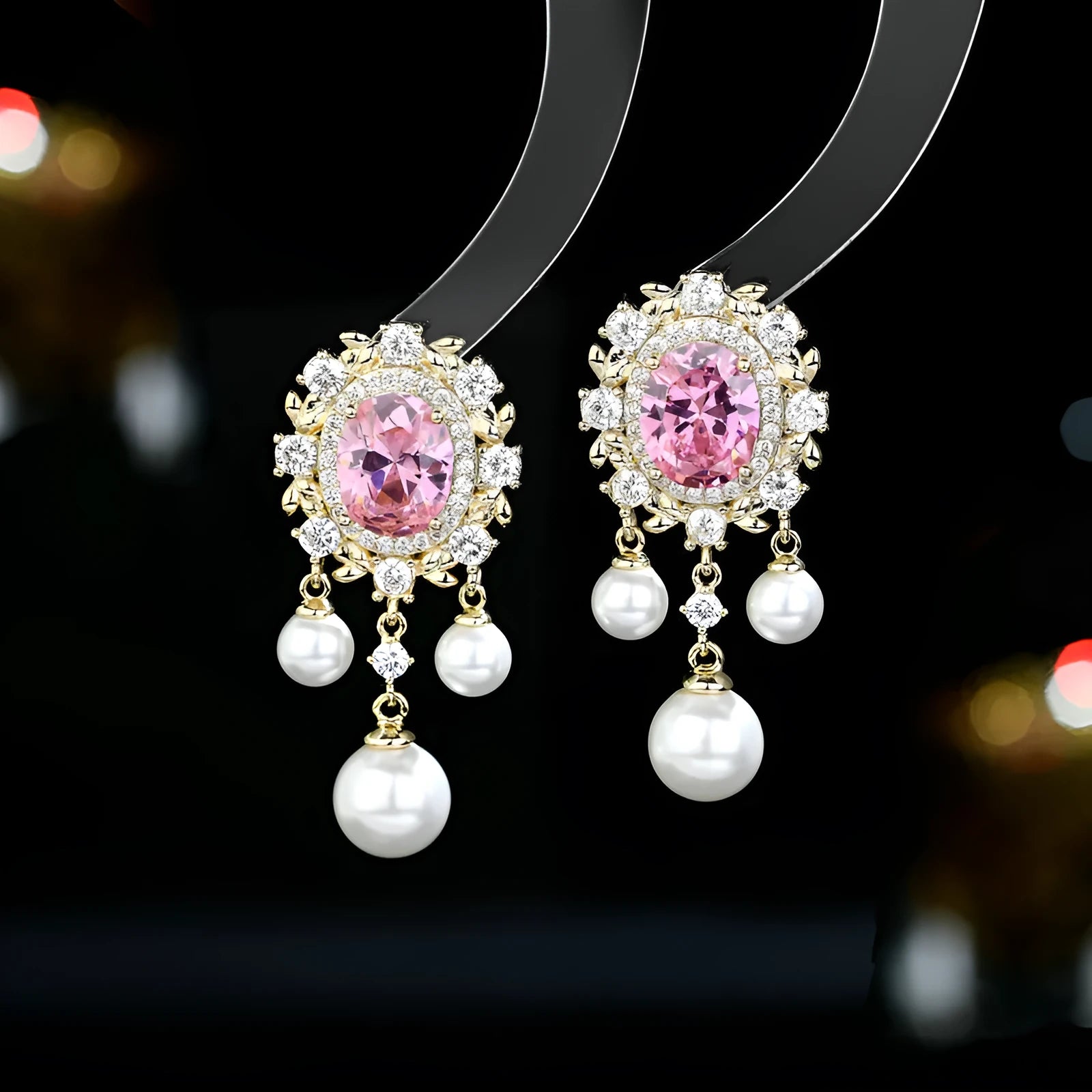 Oval geometric copper earrings with zircon inlays and pearl tassels in light purple colour option