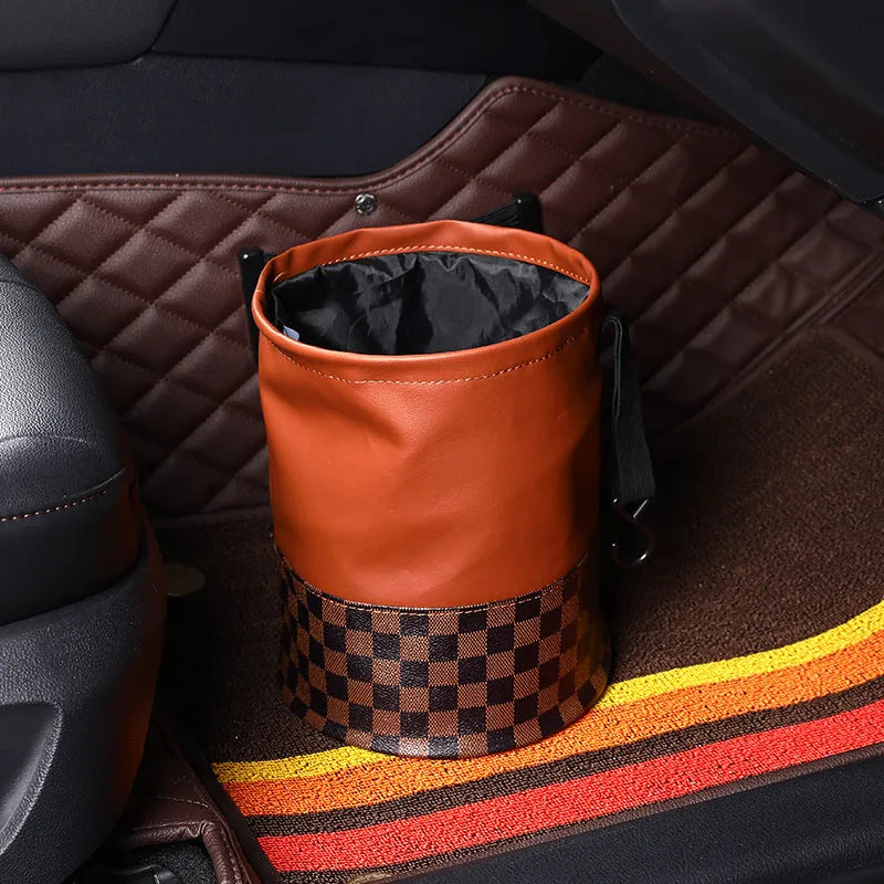 Retractable leather interior trash can with folding design and carrying handle