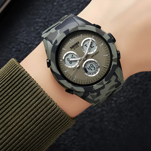 Casual electronic watch with digital display on a TPU strap, shown in camouflage colour option