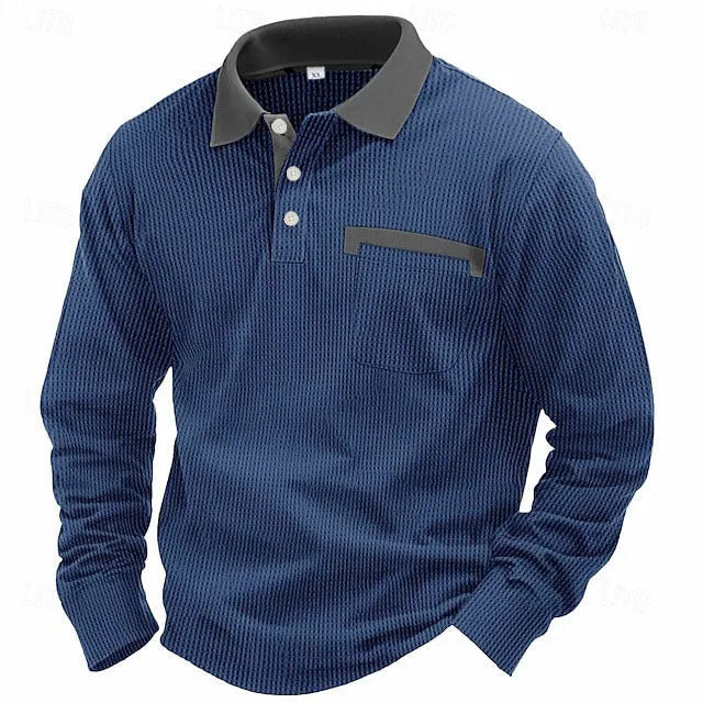 Man wearing a long-sleeved waffle texture polo shirt in a loose fit, showcasing the asymmetric detail.
