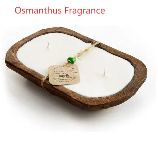 Lavender soy wax candle in wooden basin container with three wicks
