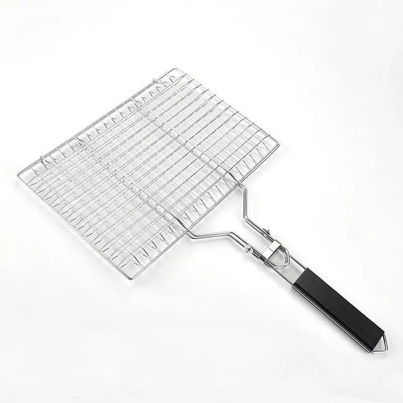 Square stainless steel folding barbecue mesh basket with a cleaning brush on a grill.