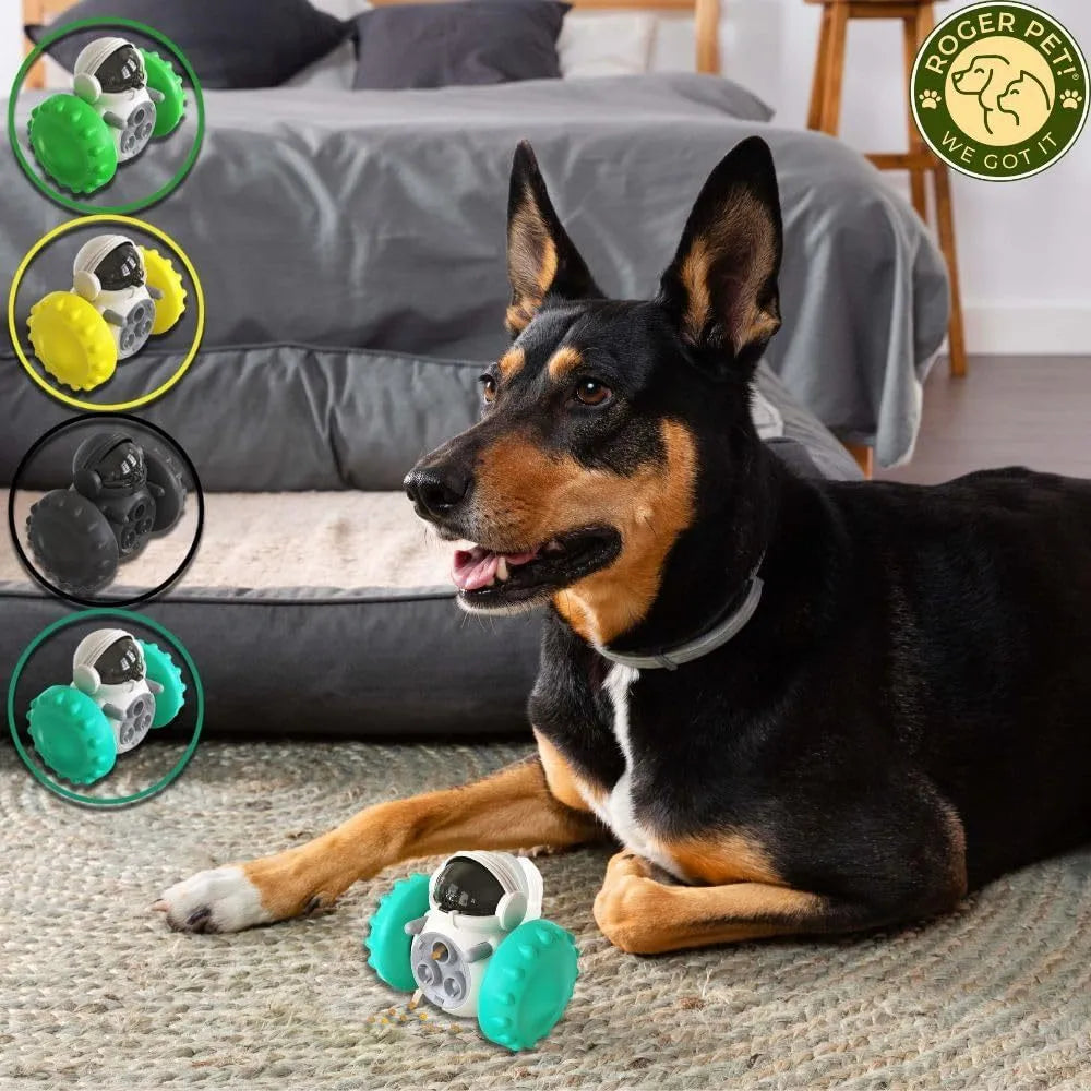Self-balancing dog treat dispenser toy in robot design for interactive pet play