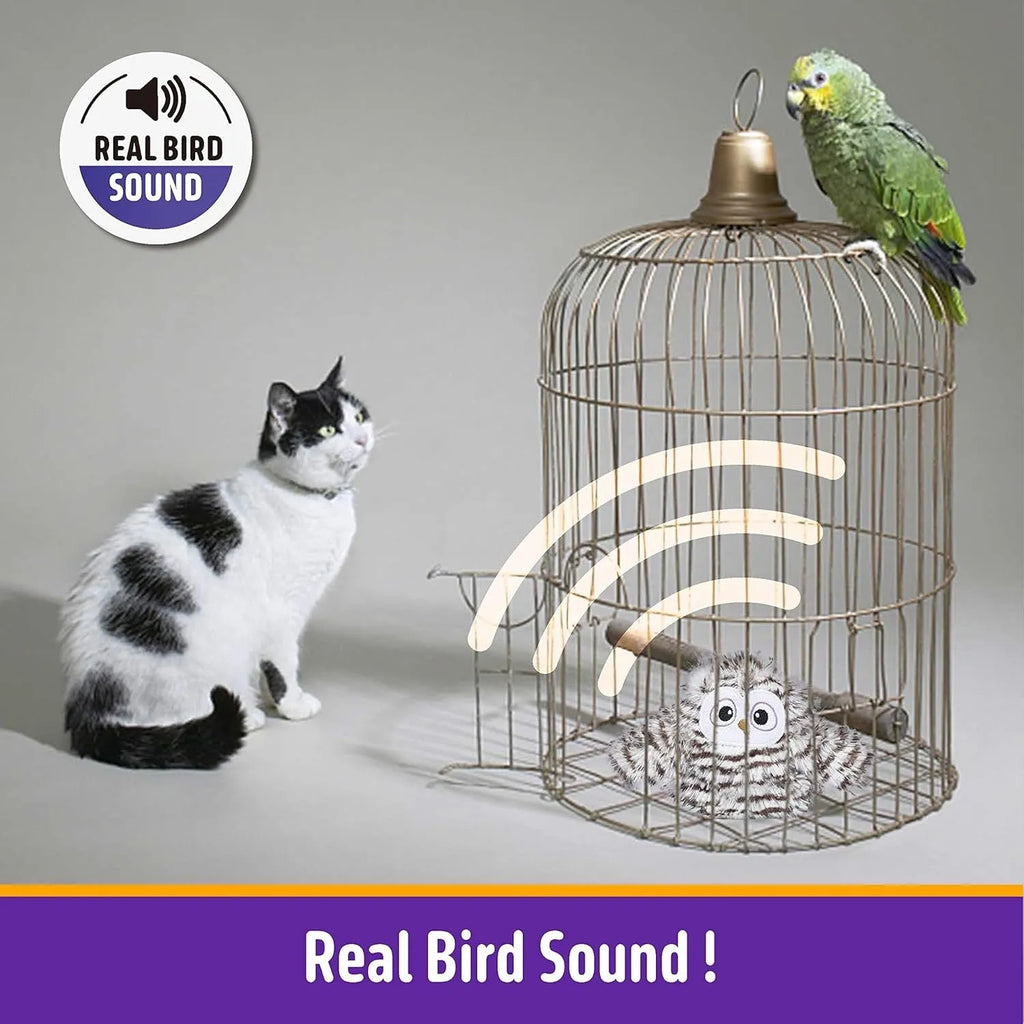 Grey interactive owl cat toy with flapping wings, 10x14cm rechargeable electronic toy for indoor cats