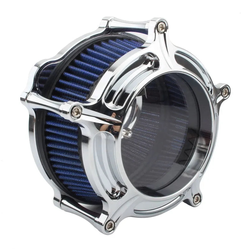 Aluminium air filter retrofitting accessories in multiple colour options including black, red, blue, and electroplated finishes