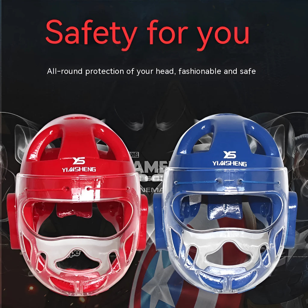 White, blue, and red karate boxing helmet headgear in sizes S, M, L, XL for head protection.