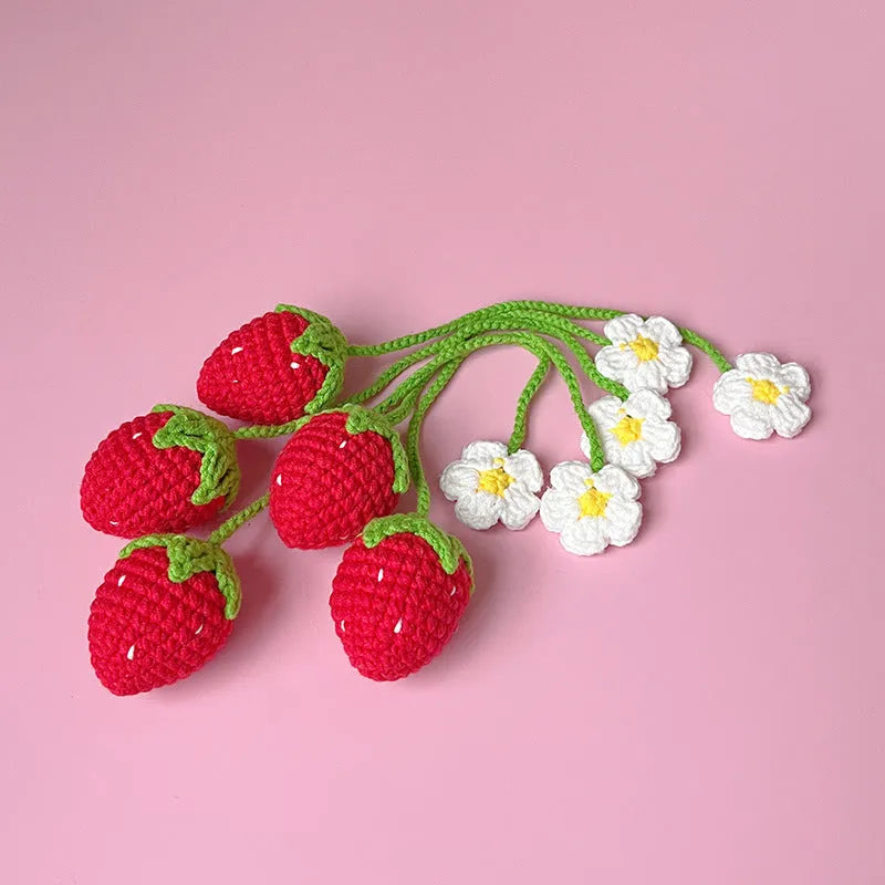 Wool crochet strawberry pendant with 35cm cord, knitted wool construction in pink or red colour