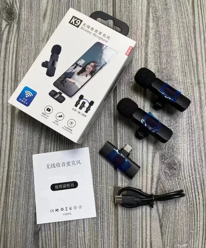 Wireless collar clip lavalier microphone with smartphone connector options for Type-C, Lightning, and 3.5mm jacks.
