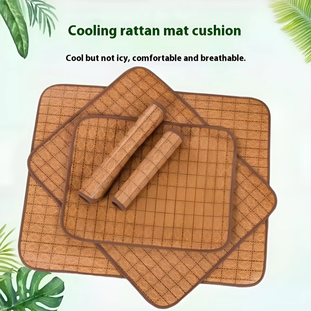 Brown woven rattan cooling mat for dogs on a wooden floor.