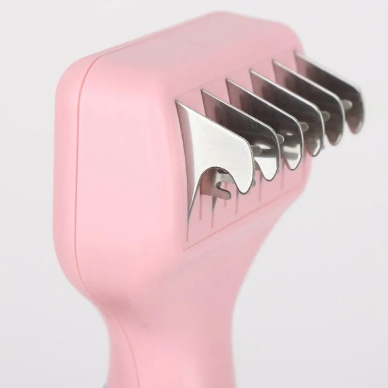170mm stainless steel pet grooming comb in pink colour with detangling blades
