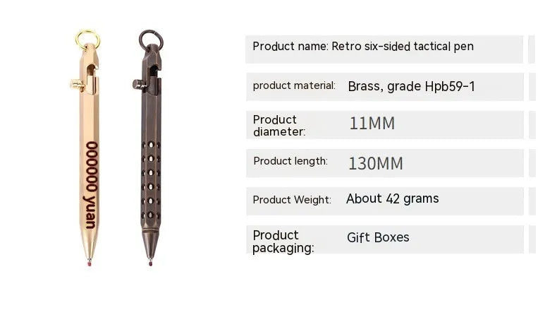 Brass hexagonal bolt pen showing six-sided shape and metallic construction with 0.5mm writing head
