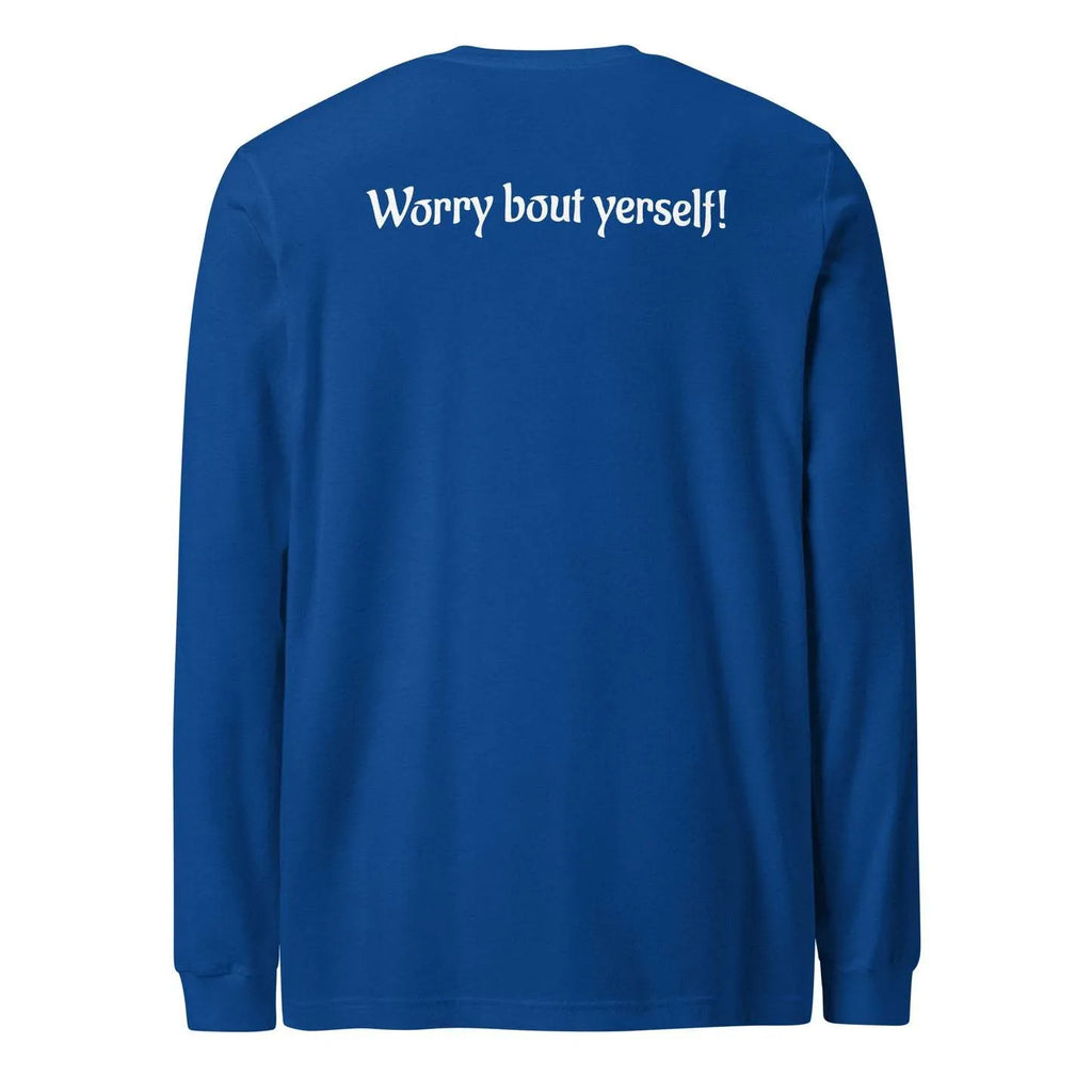 Blue men's loose round neck sweater with white printed letter patterns on chest